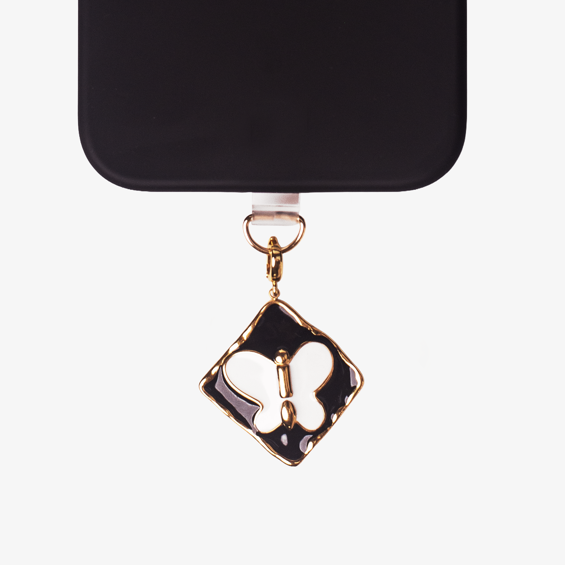 Butterfly Noir: Adaptor + Charm Fluture Alb & Negru – 18K Edition